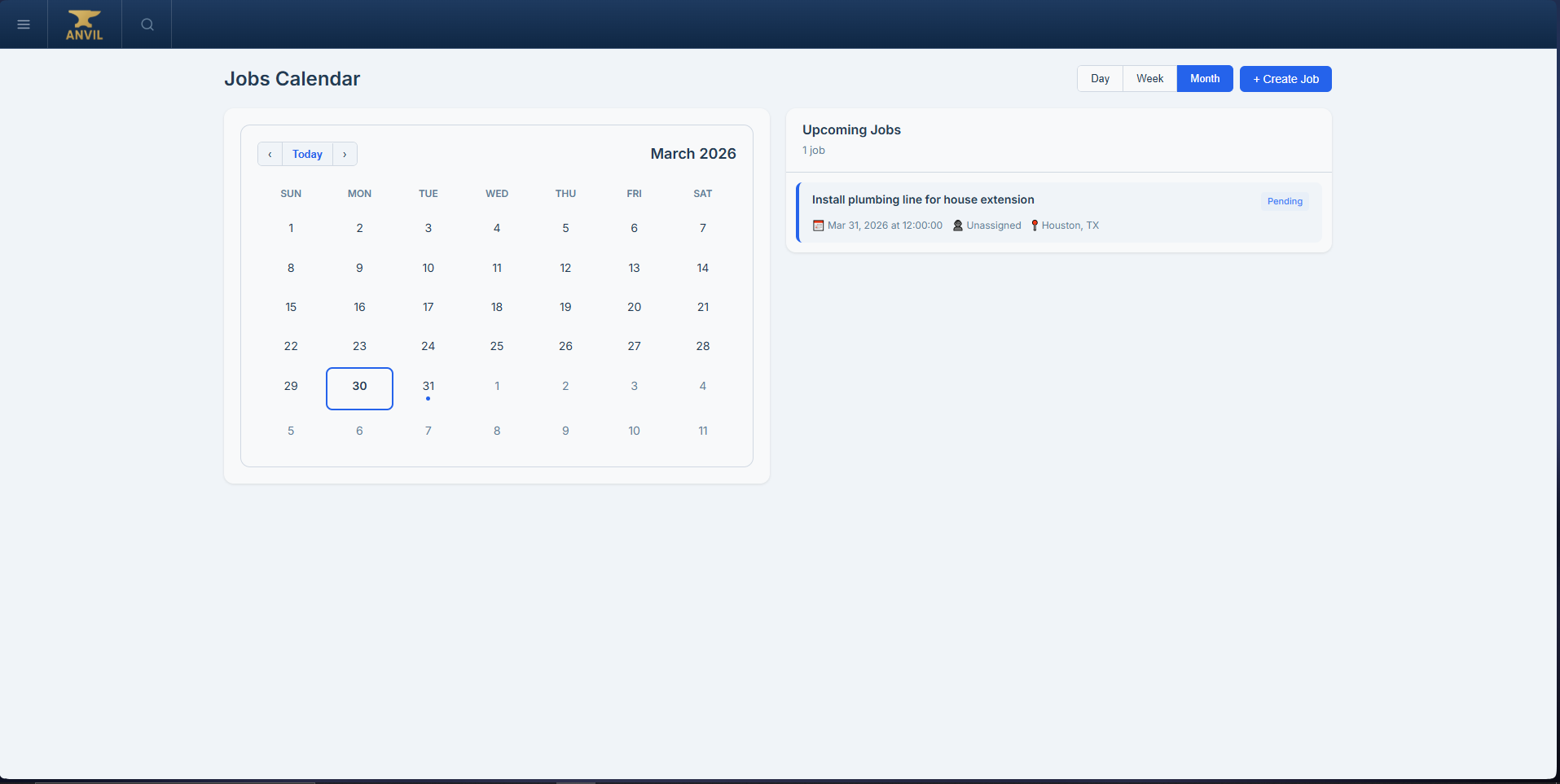 Anvil jobs calendar with month view and upcoming job details