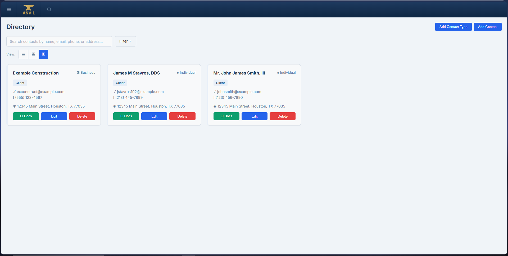 Anvil client directory showing contact cards with search and filter options