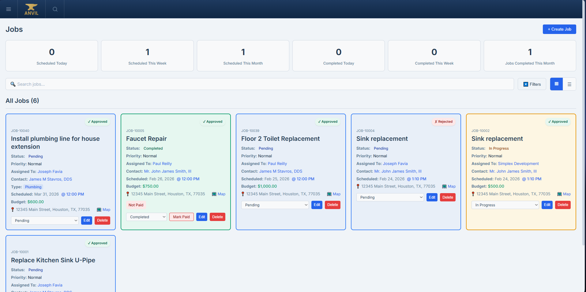 Anvil jobs board showing job cards with status, crew assignments, budgets, and locations