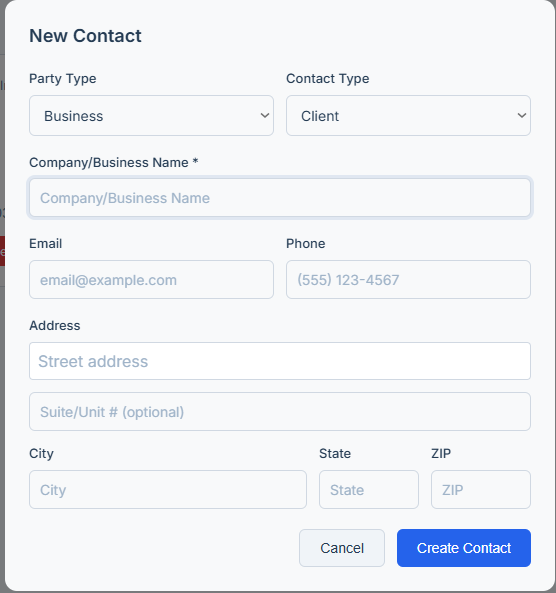 Anvil new contact form with fields for business name, email, phone, and address