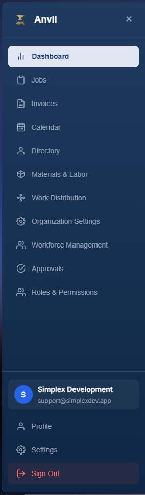 Anvil sidebar navigation showing all available tools